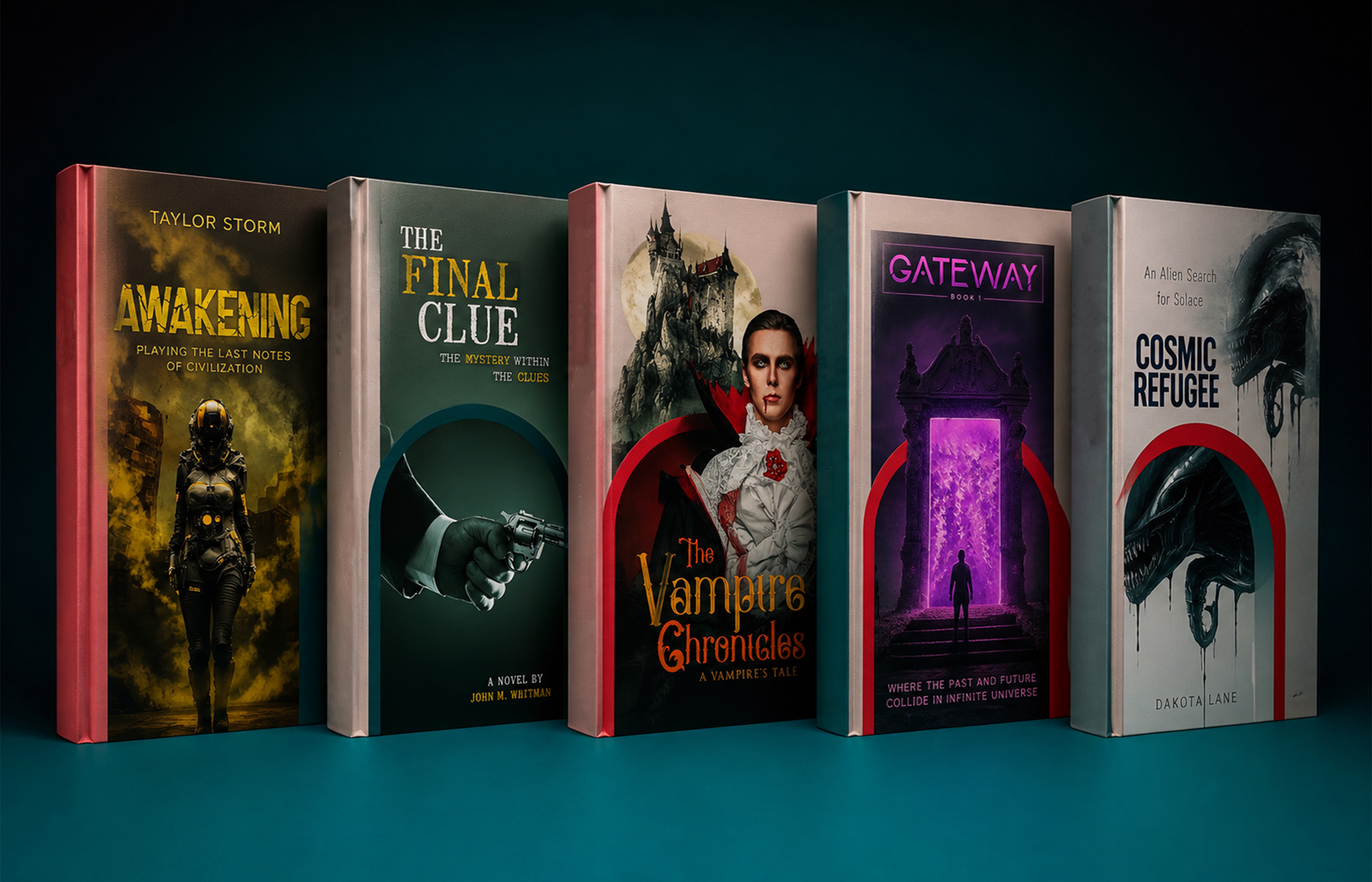 A row of hardcover books with rose, teal and crimson arch cover art